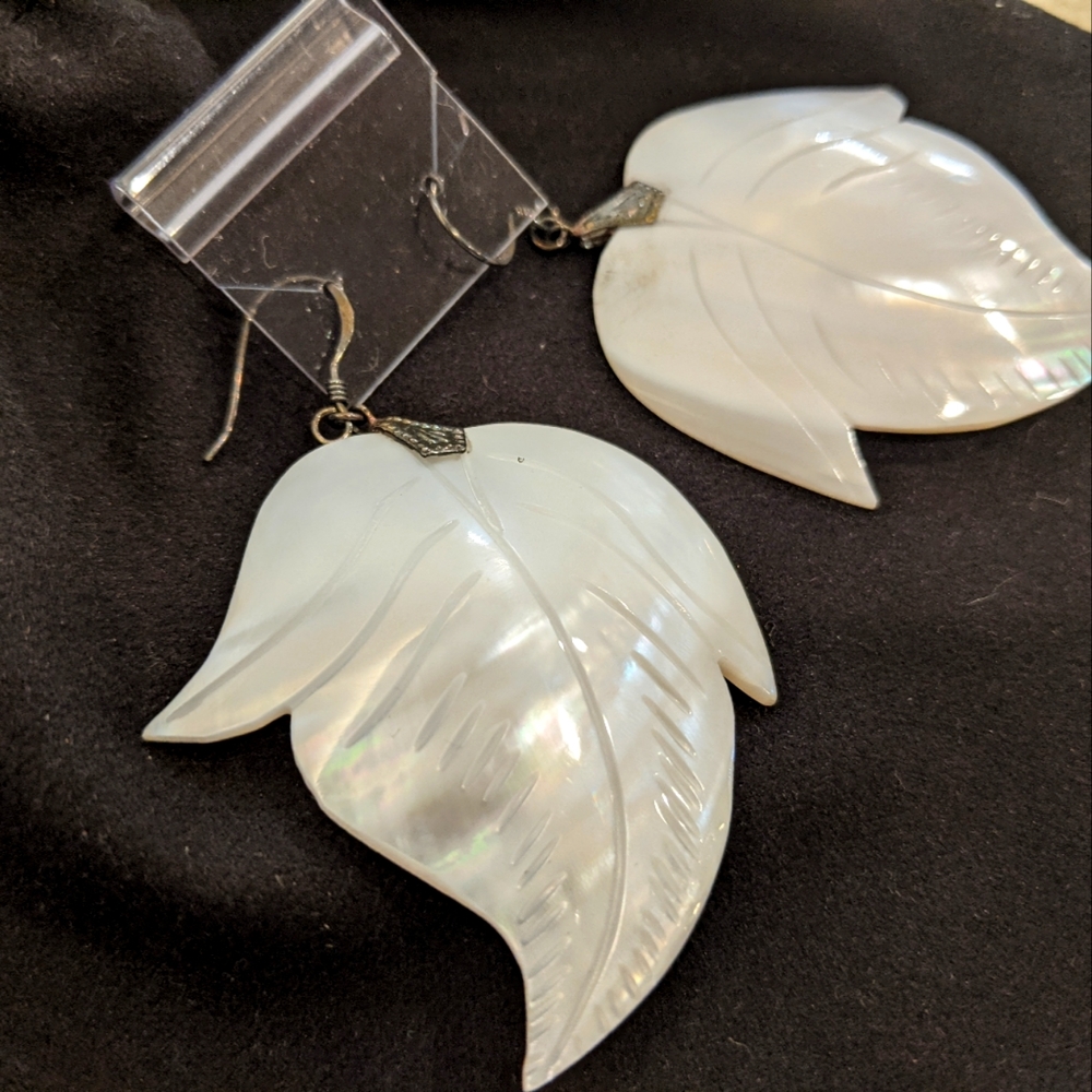 Iridescent Leaf Earrings Made From Seashells 2" NWOT